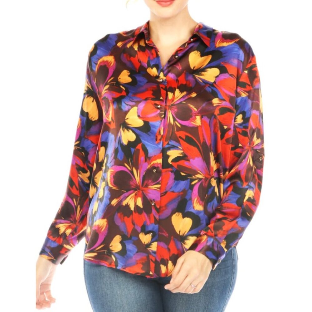 Johnny Was 100% Silk Multicolor Floral Roll-Up Sleeves Shirt Size-L